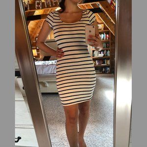 White and Navy Blue Striped BodyCon Mini Dress